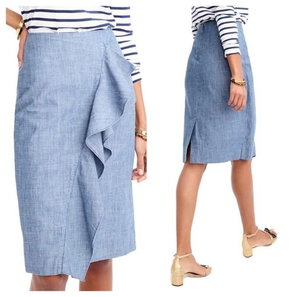 J Crew Factory Chambray Ruffle Skirt Size 8 - Picture 1 of 8